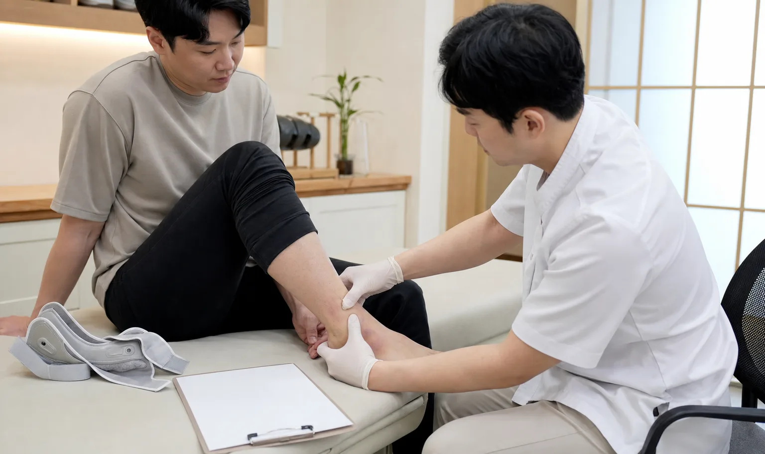 발목 움직임과 통증 기록을 살펴보는 재활통증 상담