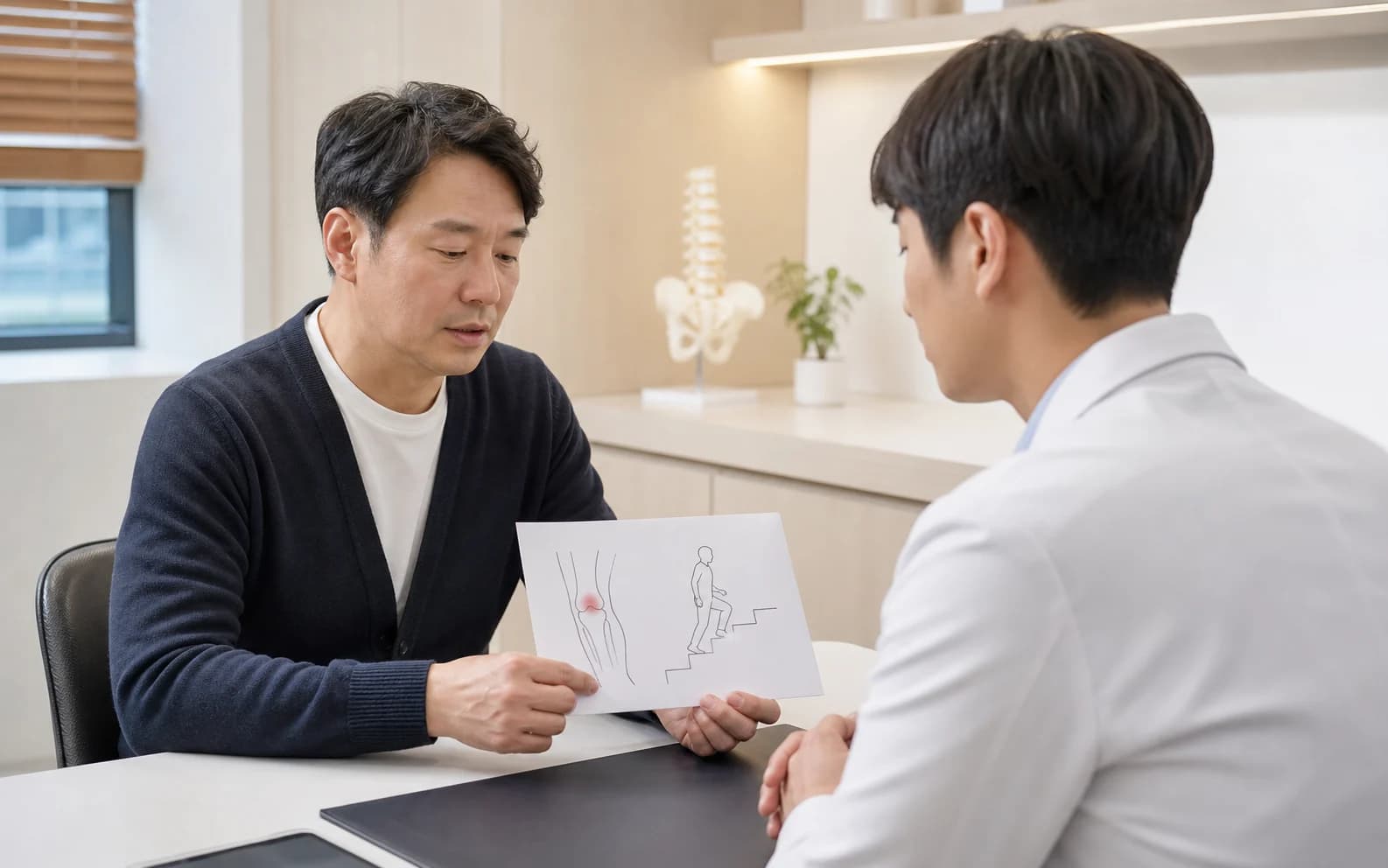 계단과 보행 중 무릎 불편을 구체적으로 확인하는 상담