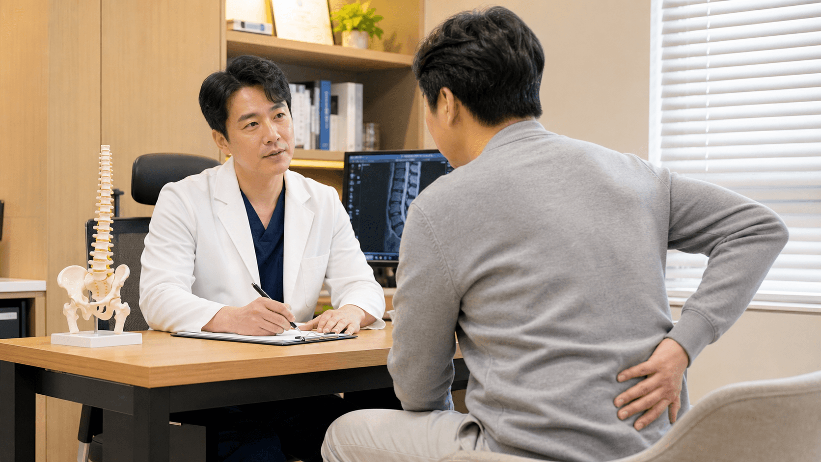 허리 움직임과 일상 자세에 따른 불편을 확인하는 상담