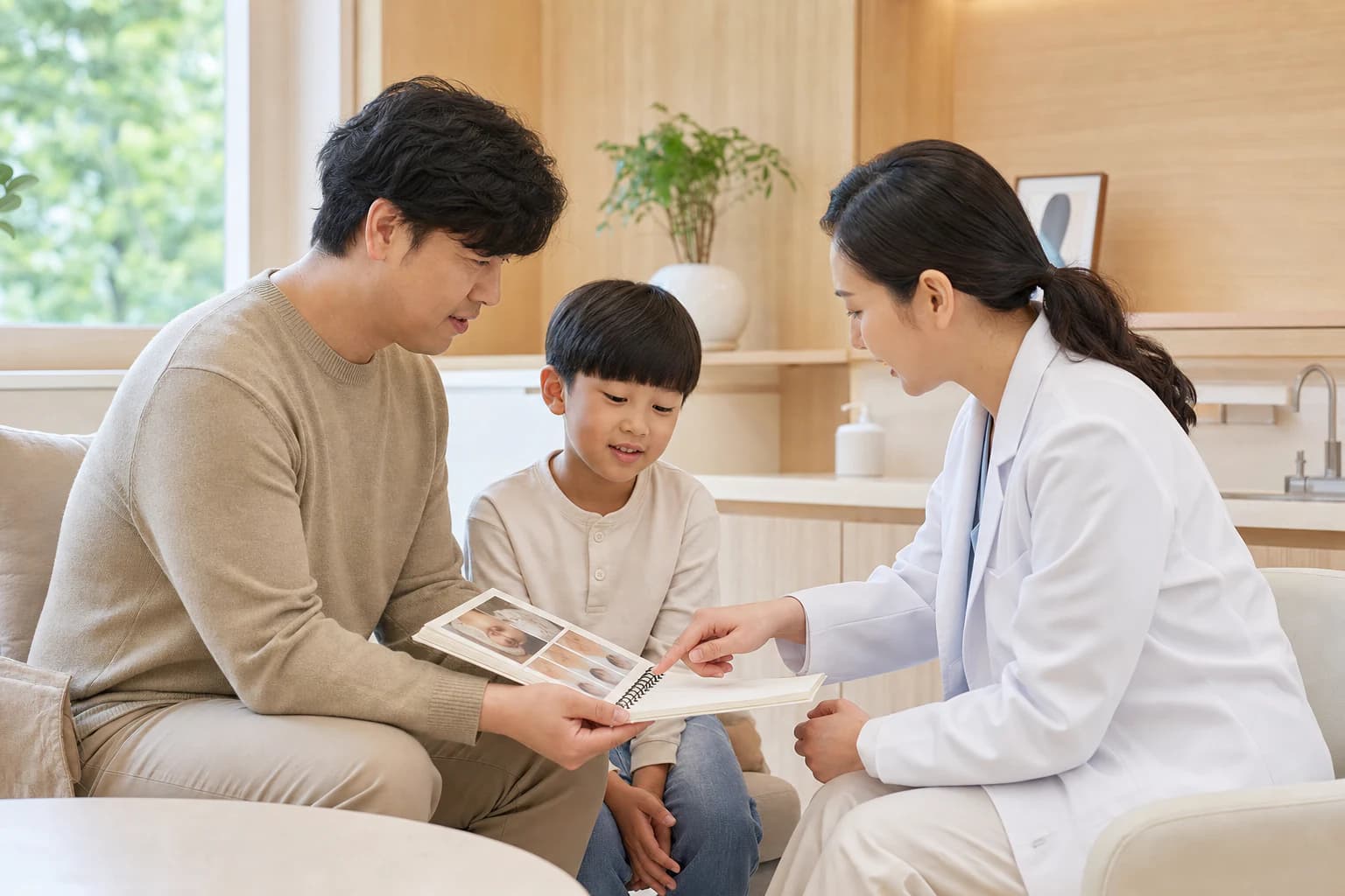 한국인 아이와 보호자가 피부 생활 기록을 의료진과 함께 확인하는 소아피부 상담