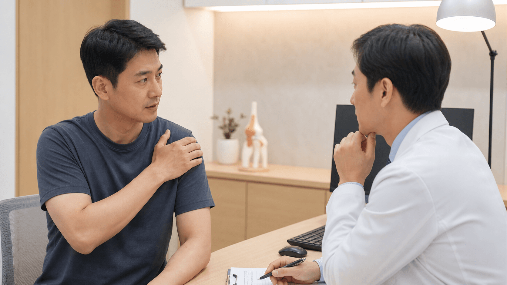 어깨와 팔의 움직임 및 통증 범위를 확인하는 상담
