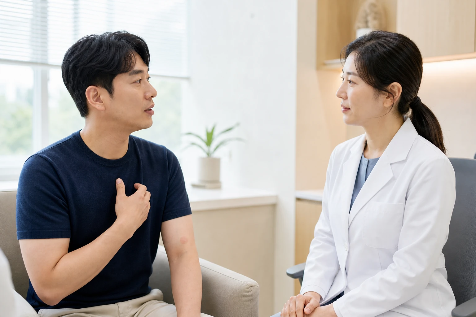 장미색비강진으로 겪는 불편을 상담하는 환자와 의료진