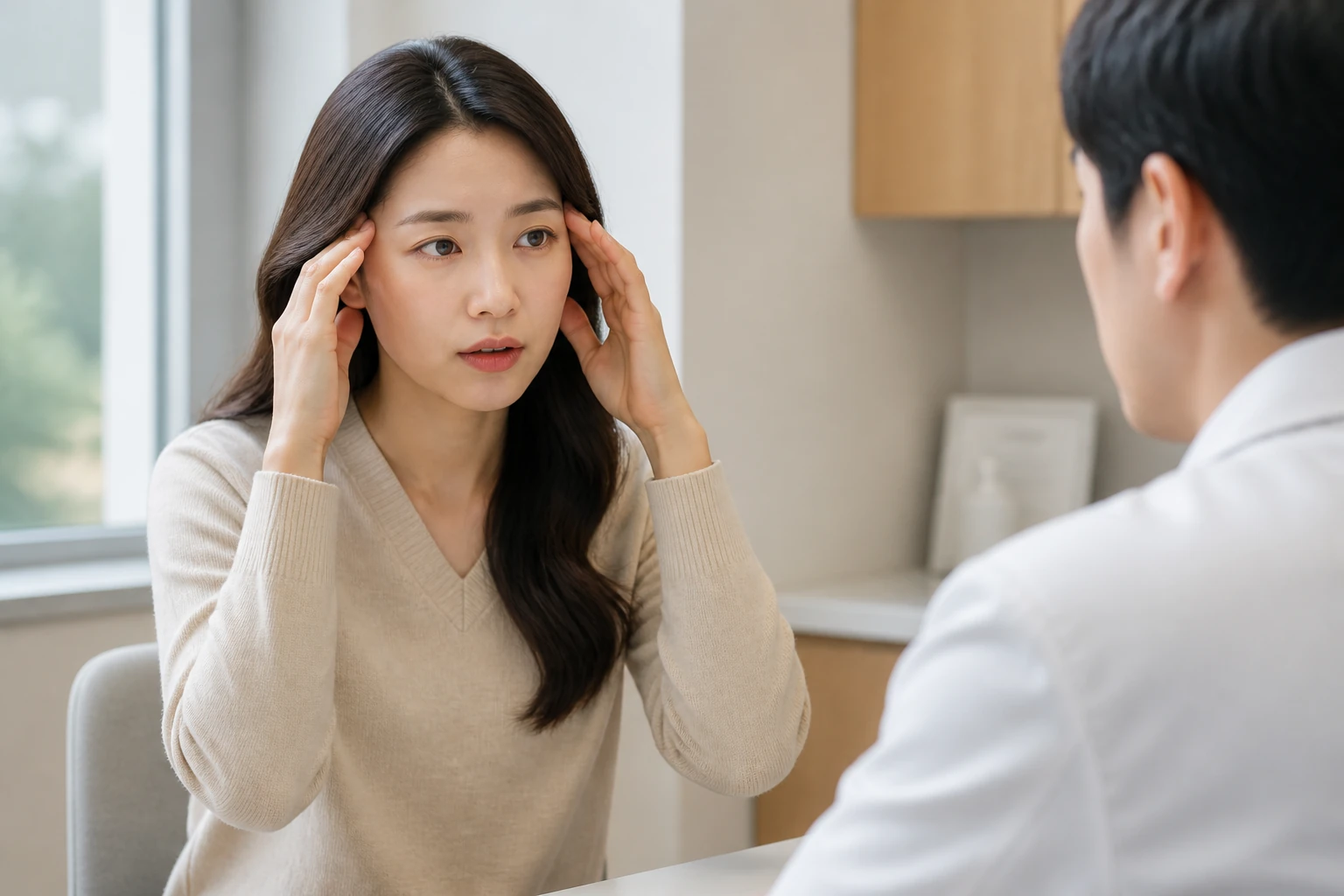 양쪽 관자놀이를 짚으며 의료진과 상담하는 성인