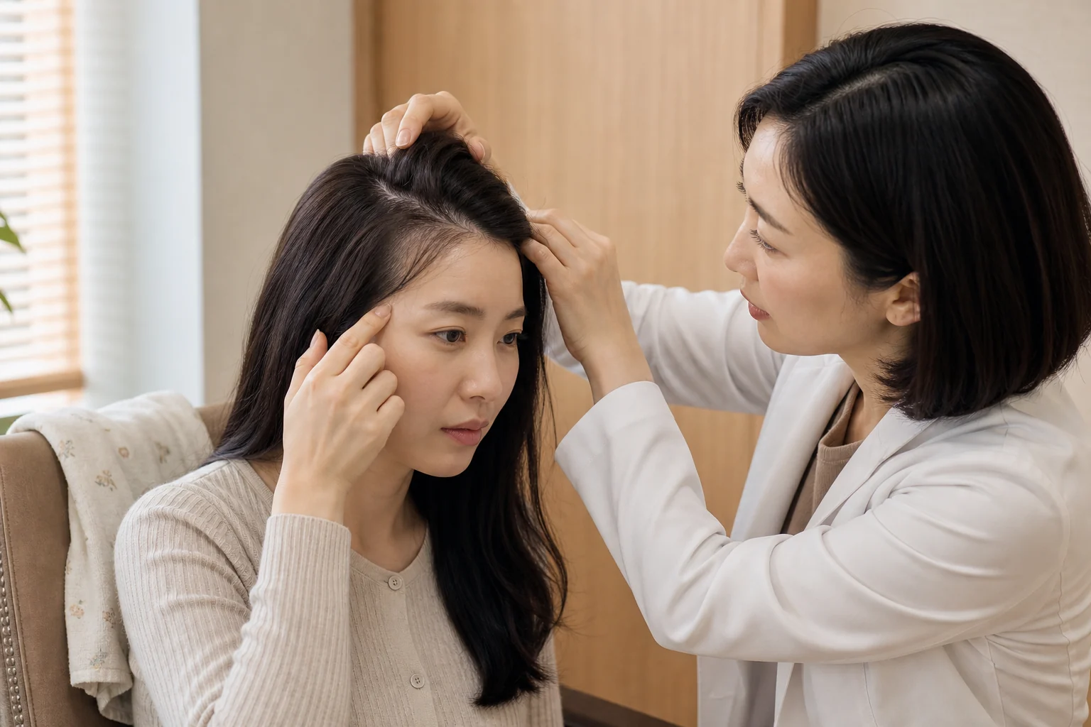 산후탈모로 겪는 불편을 상담하는 환자와 의료진