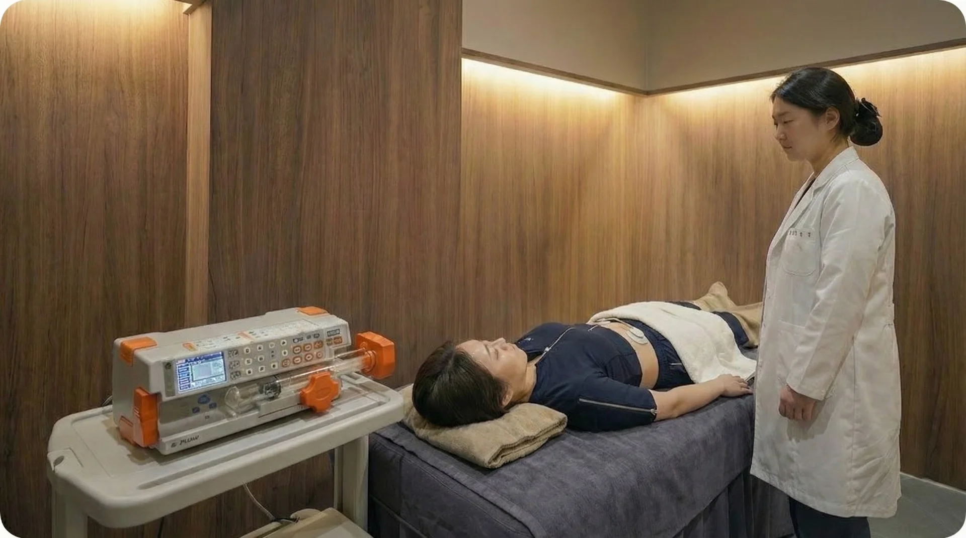 치료대에 누운 환자의 복부에 패드가 붙어 있고 의료진과 주입 장비가 곁에 있는 치료 과정 예시