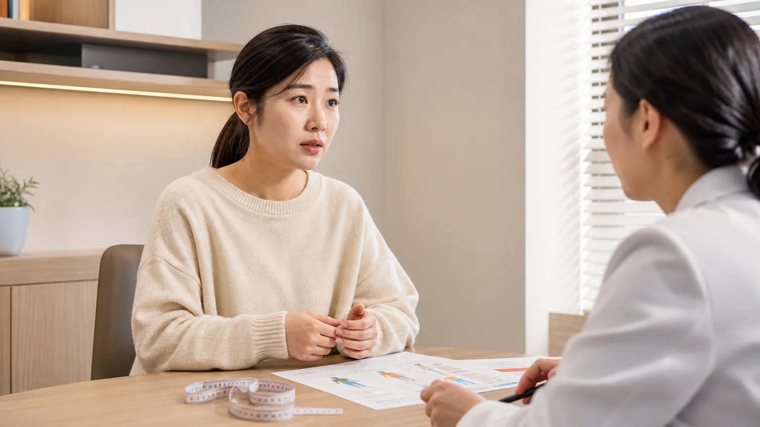 복부비만과 내장지방 상담에서 허리둘레와 체성분 기록을 함께 확인하는 장면