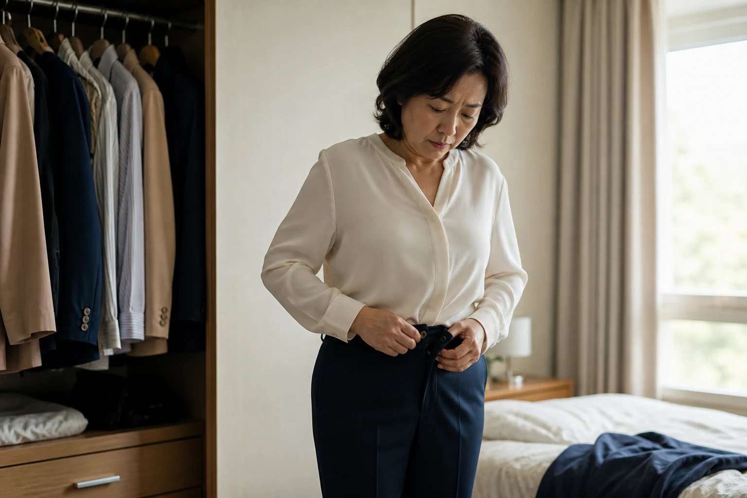 옷장 옆에서 아래를 보며 바지 단추를 잠그는 여성의 생활 장면