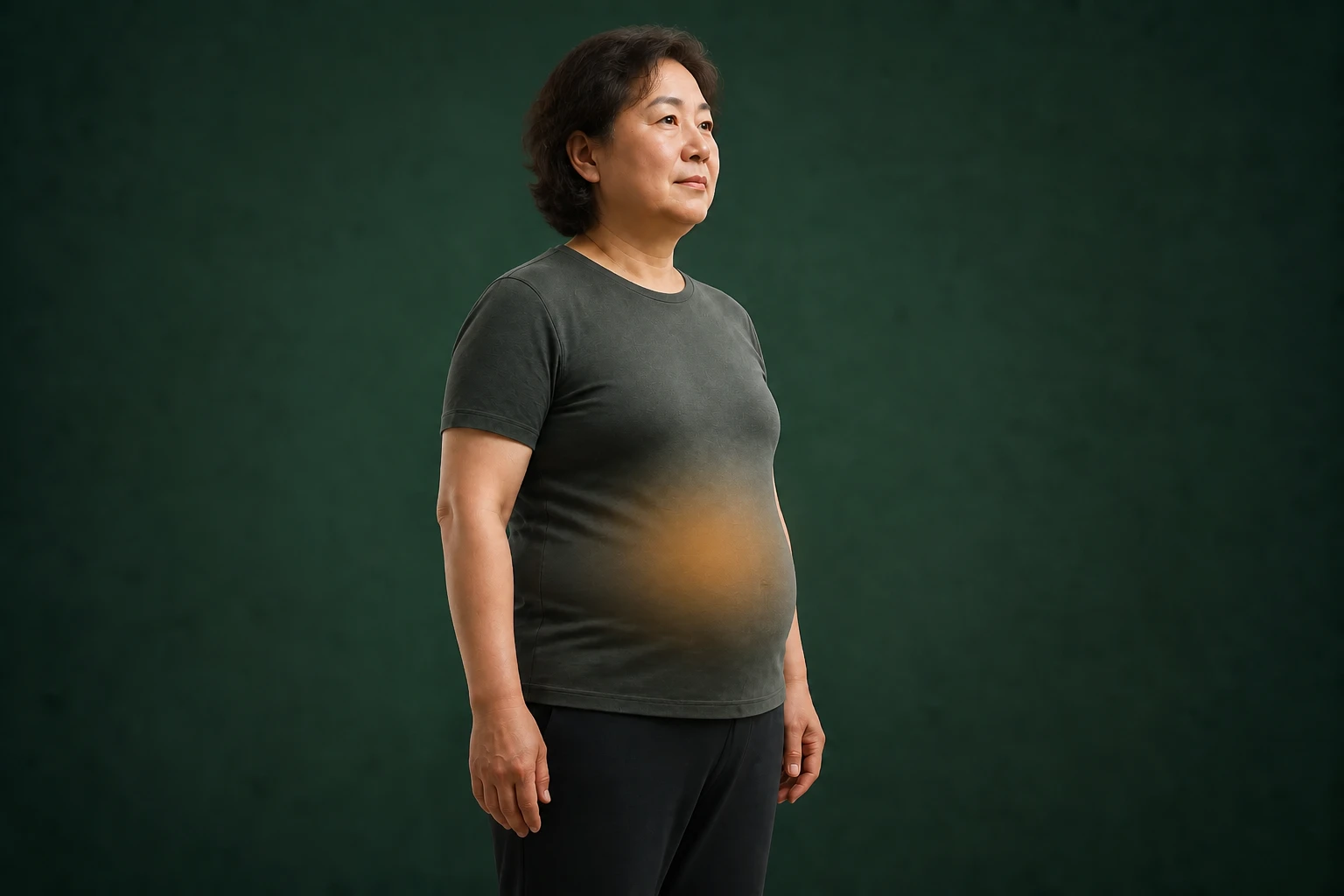 복부가 자연스럽게 나온 실제 한국인 중년 여성의 허리 주변에 내장지방 위험을 은은한 금빛으로 표현한 모습