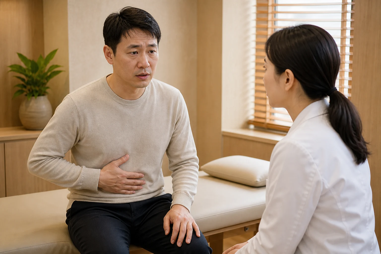 복통으로 겪는 불편을 상담하는 환자와 의료진