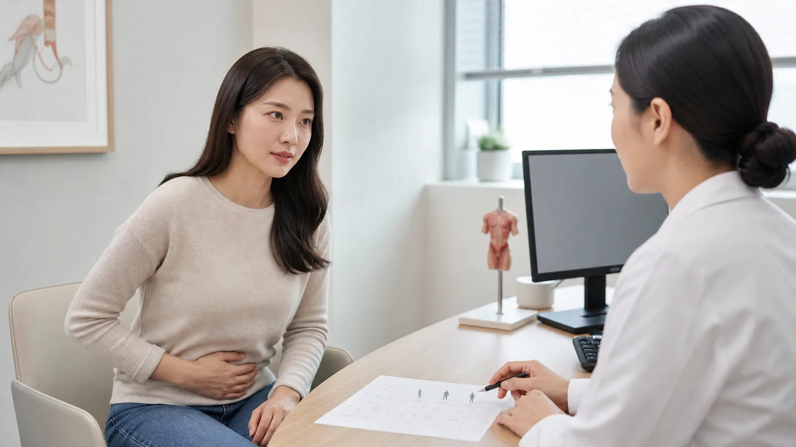 복통 환자가 배 위치와 증상 시간을 설명하며 모던 한의원 초진 상담을 받는 장면