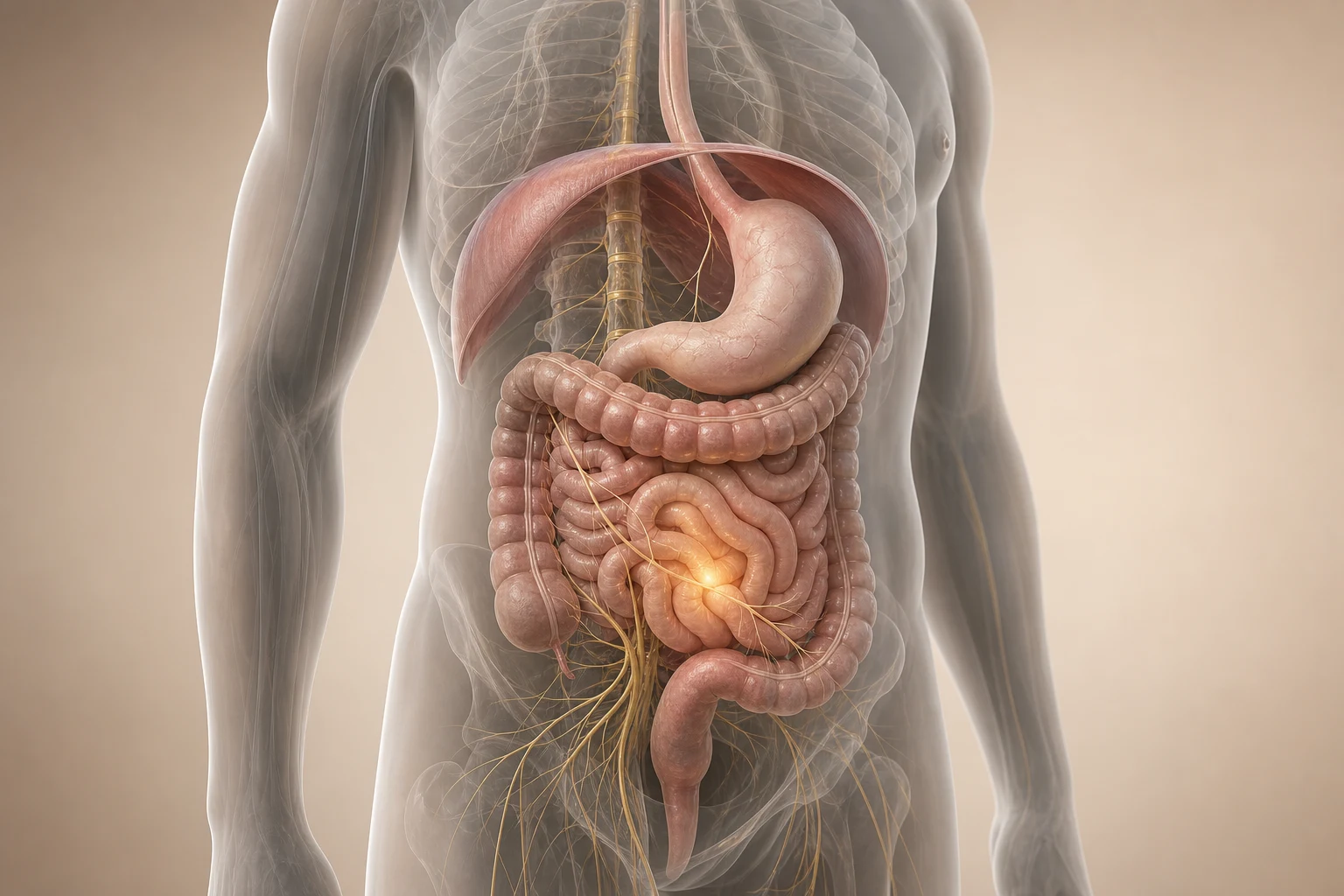 한 사람의 투명한 몸통 안에서 위·장·횡격막·척추와 내장 감각 경로, 복부의 작은 통증 초점
