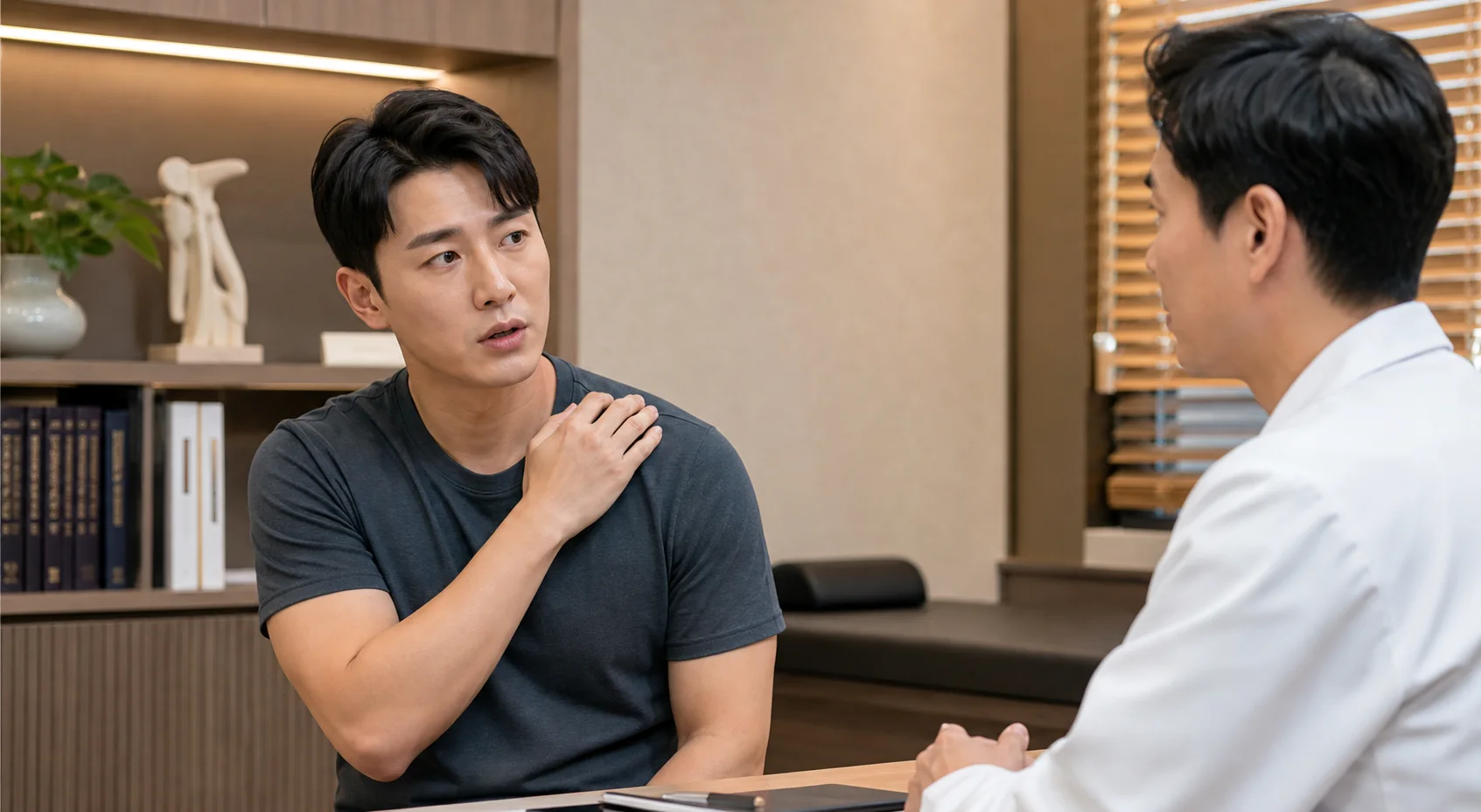 견쇄관절염 환자가 국내 한의원 상담 공간에서 어깨 위쪽과 쇄골 끝 통증을 설명하는 장면