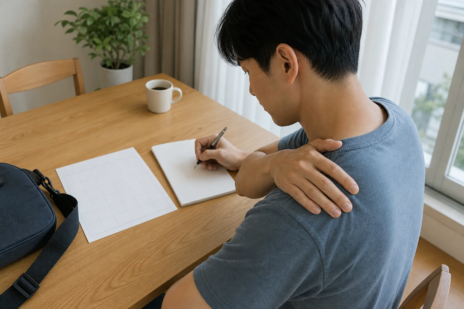 한국인 견쇄관절염 환자가 어깨 위쪽 통증과 생활 동작을 빈 기록지에 정리하는 장면