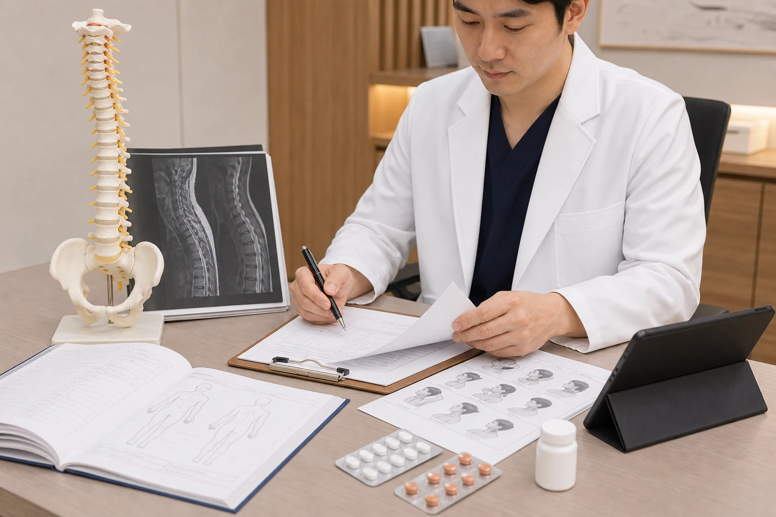 교통사고 후유증 진료 체크포인트에서 척추 모형과 검사 기록, 문진 자료를 확인하는 장면