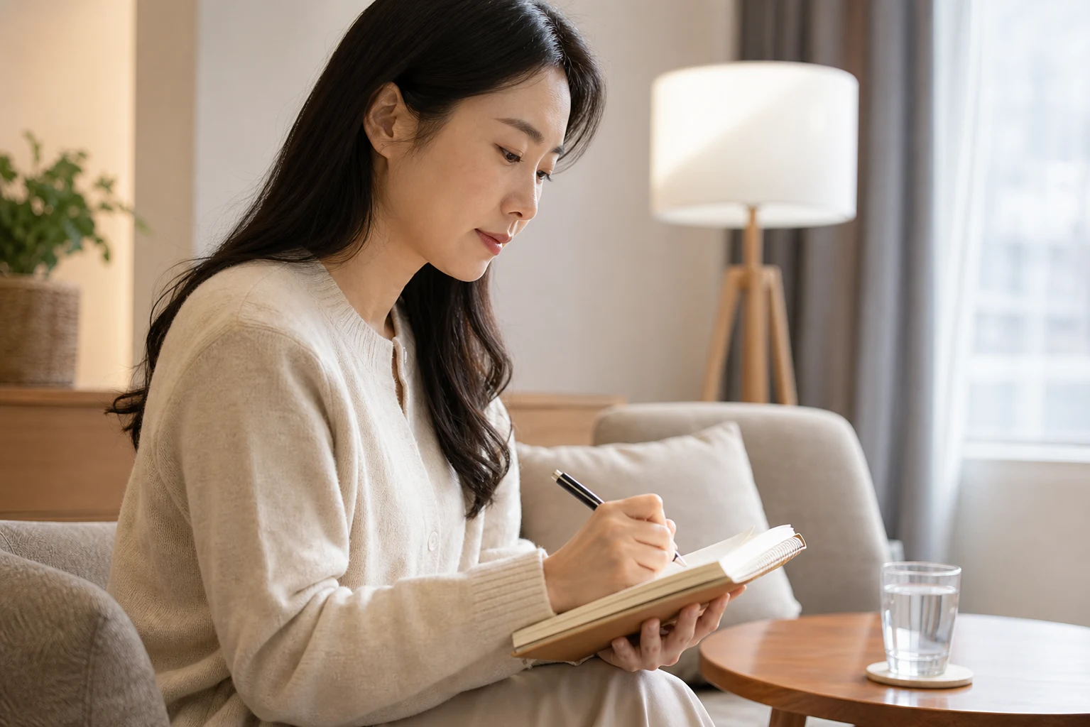 교통사고 후유증 환자가 사고 뒤 목과 허리 통증, 두통과 수면 불편을 기록하는 장면