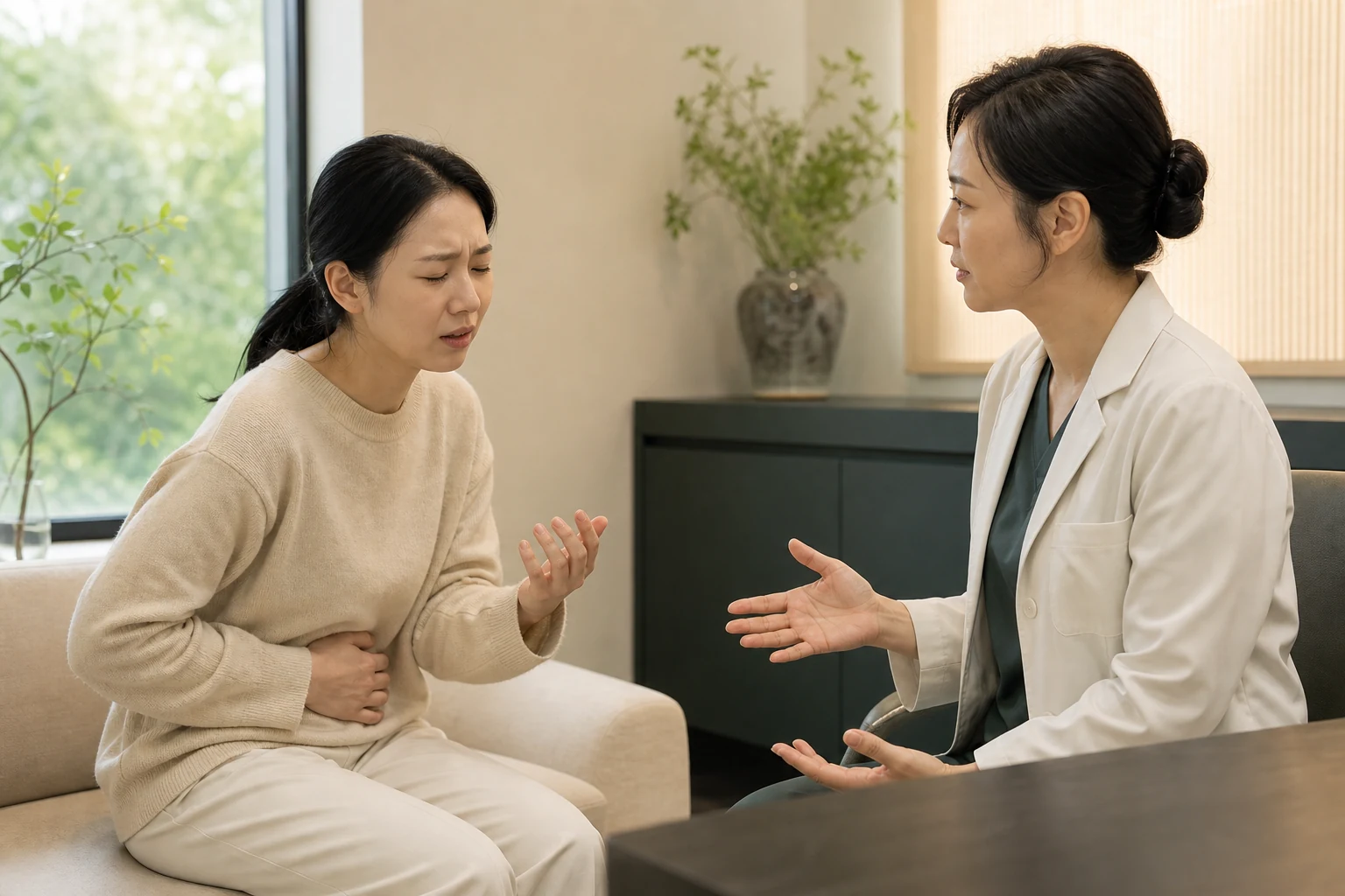 급성장염으로 겪는 불편을 상담하는 환자와 의료진