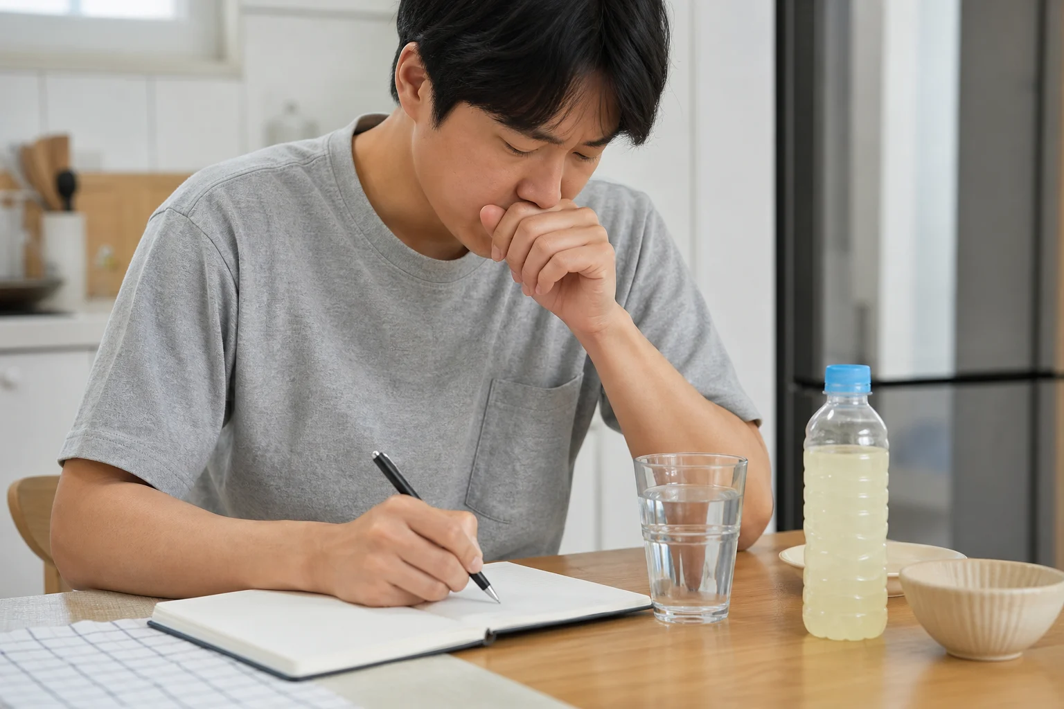 급성장염 환자가 집에서 수분 섭취와 설사 횟수를 기록하는 장면