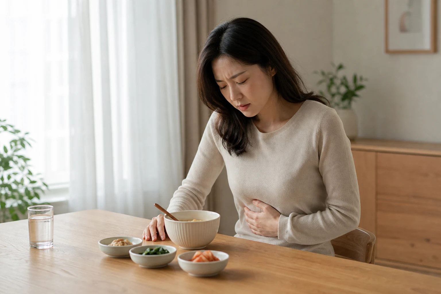 급성위염 진료 전 증상과 검사·기록을 확인하는 장면