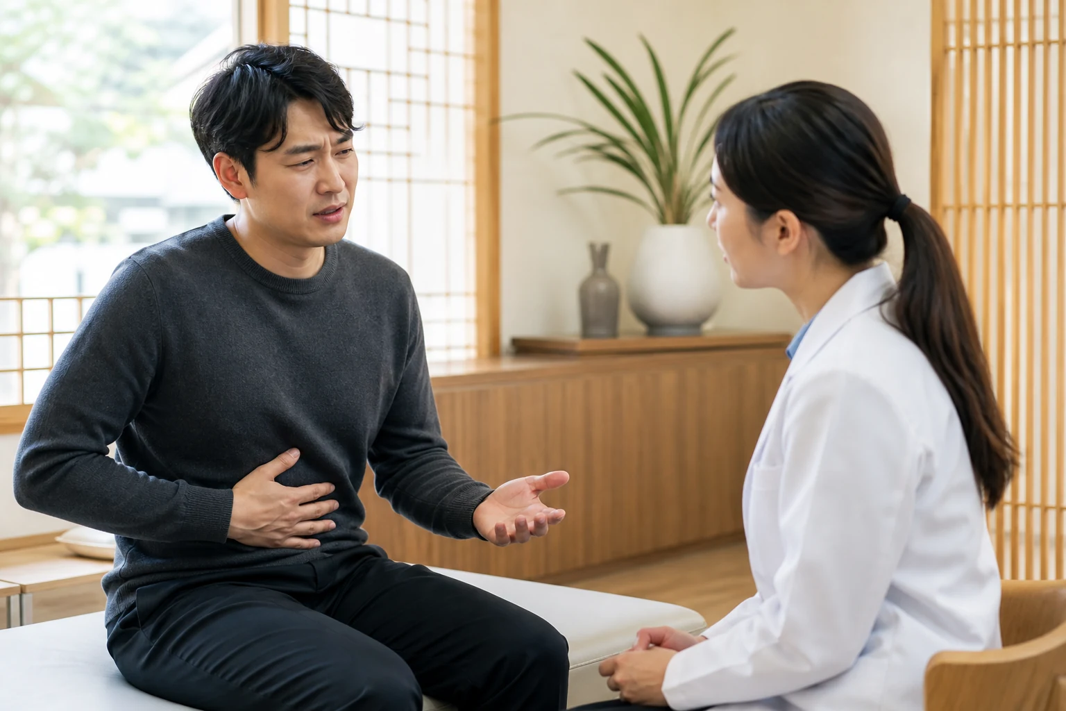 급성위염으로 겪는 불편을 상담하는 환자와 의료진