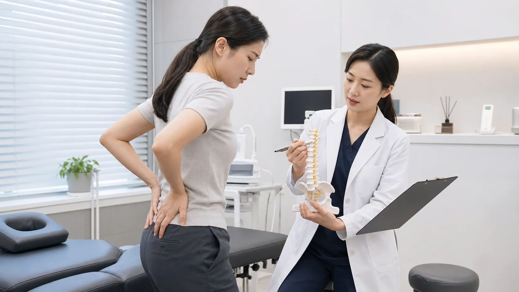 한국인 급성요추염좌 환자가 국내 한의원 진료실에서 허리 움직임과 요추 모형 설명을 듣는 장면