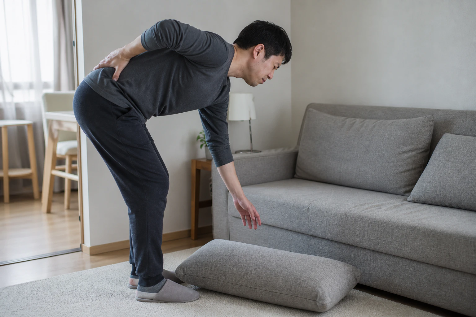 허리를 숙이는 순간 통증이 생겨 바닥 쿠션을 줍다 그대로 멈춘 한국인 남성 한 명의 장면