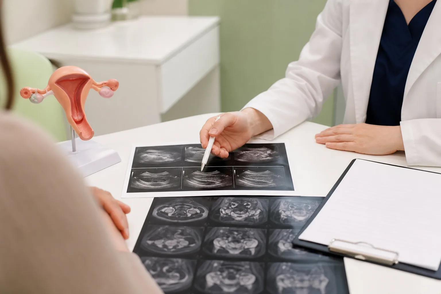 자궁선근증 진료 체크포인트에서 초음파와 MRI 자료, 자궁 모형으로 상담 기준을 확인하는 장면