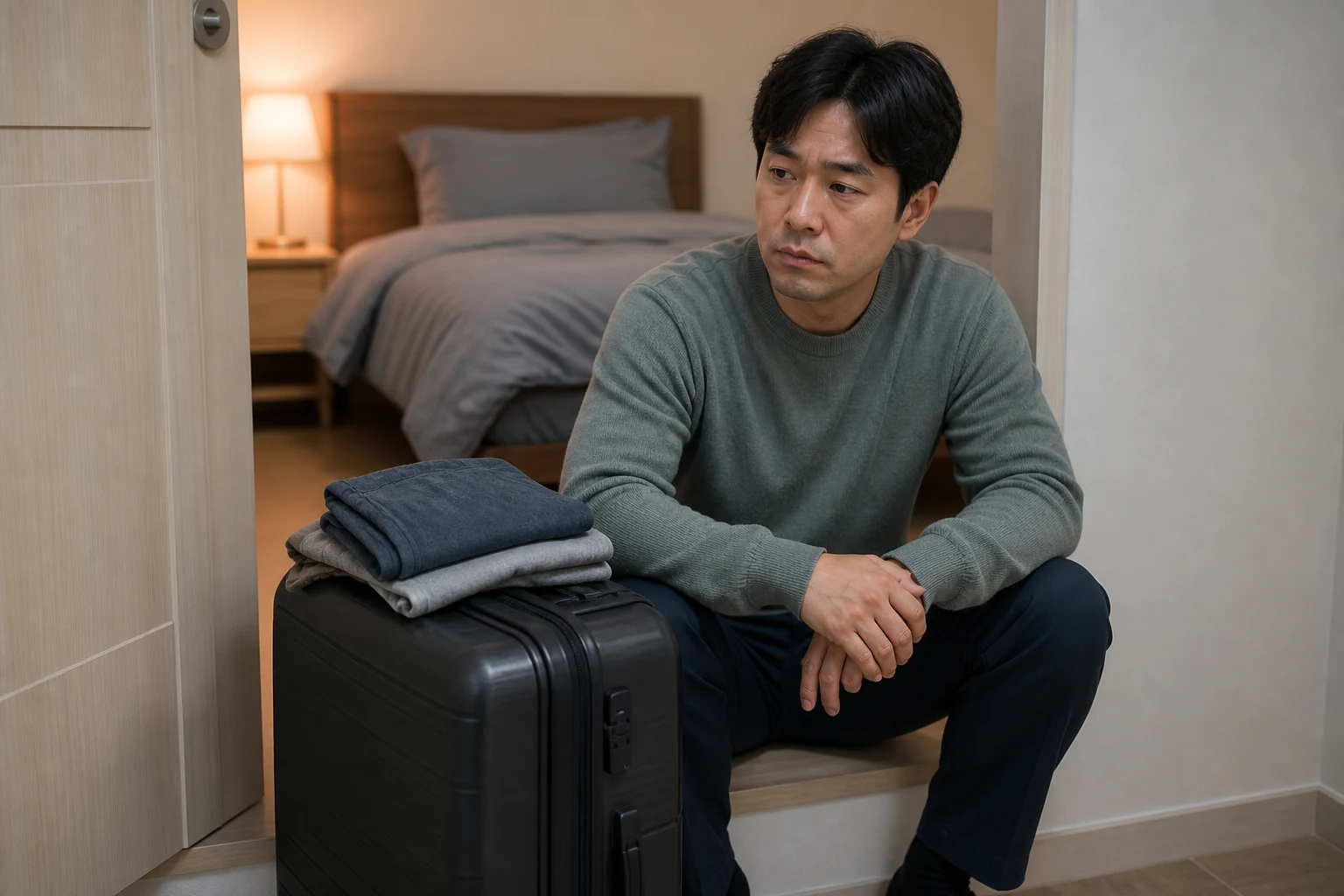 성인야뇨 걱정으로 숙박 여행 가방 옆에서 출발을 망설이는 남성