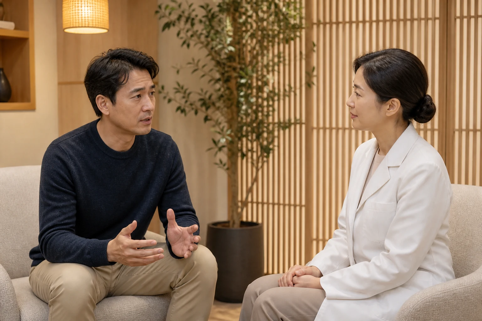 성인야뇨로 숙박과 아침이 걱정되는 남성이 인애한의원 의료진과 편안히 상담하는 모습