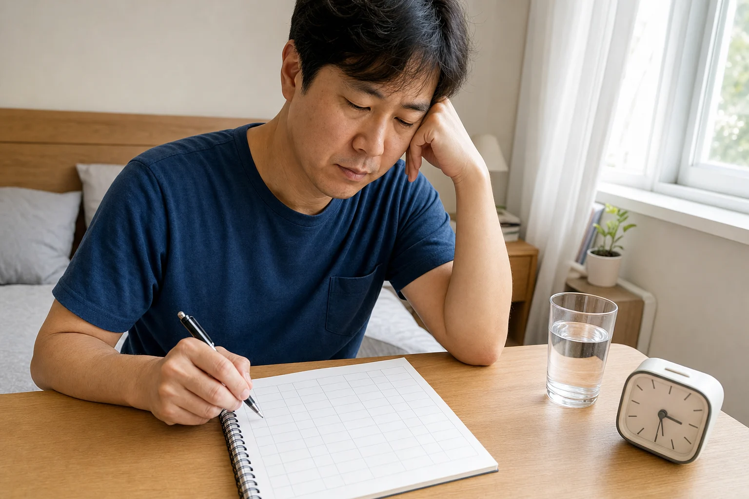 성인야뇨 환자가 아침에 빈 배뇨기록표와 물 섭취 시간을 정리하는 장면