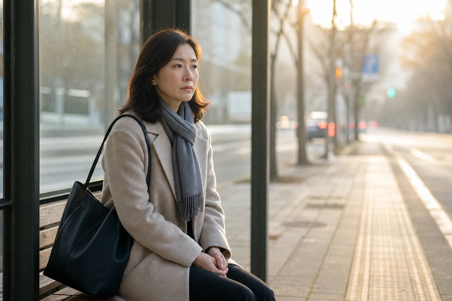 고령난임으로 수면과 일상 리듬이 흐트러진 한국인 여성 한 명이 이른 출근길 버스정류장에 앉아 잠시 쉬는 생활 장면