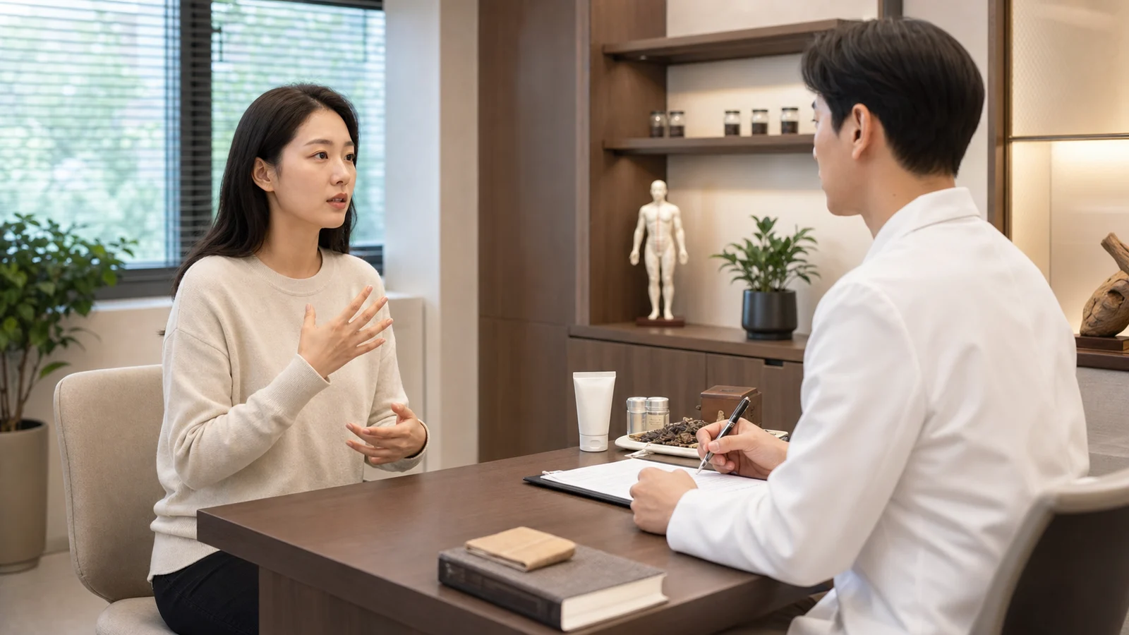 원형탈모 환자가 국내 한의원 진료실에서 한국인 의료진과 빈 부위 변화와 생활 기록을 상담하는 사진