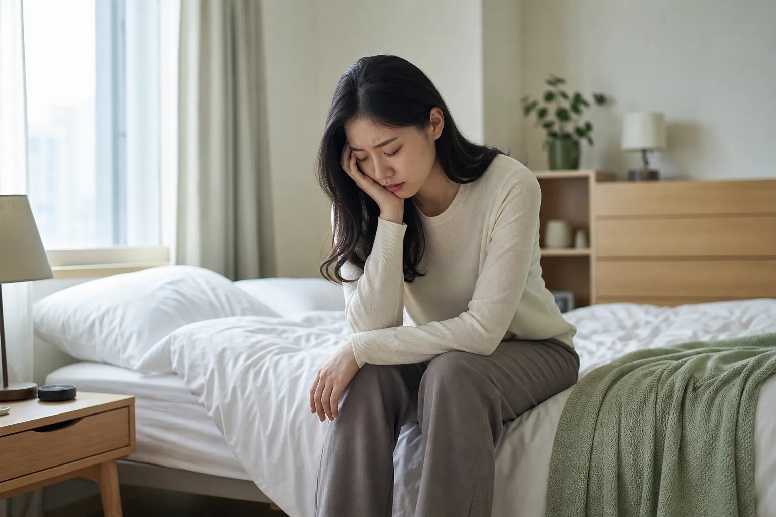 무월경과 함께 피로와 추위 민감이 이어지는 한국인 여성 한 명이 아침 외출 준비를 마친 뒤 침대 끝에 앉아 쉬는 생활 장면