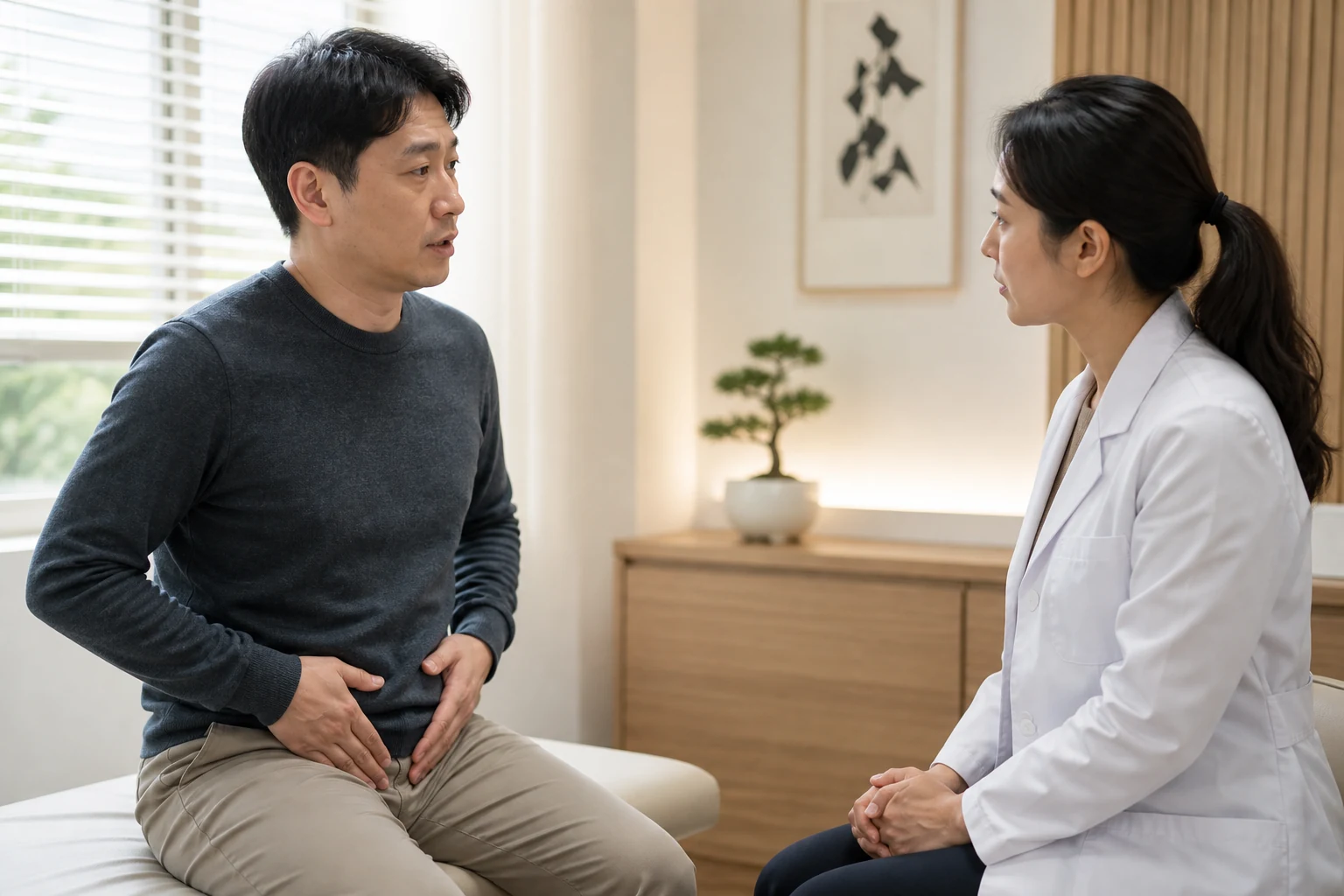 항문거근증후군/항문괄약근 이상으로 겪는 불편을 상담하는 환자와 의료진