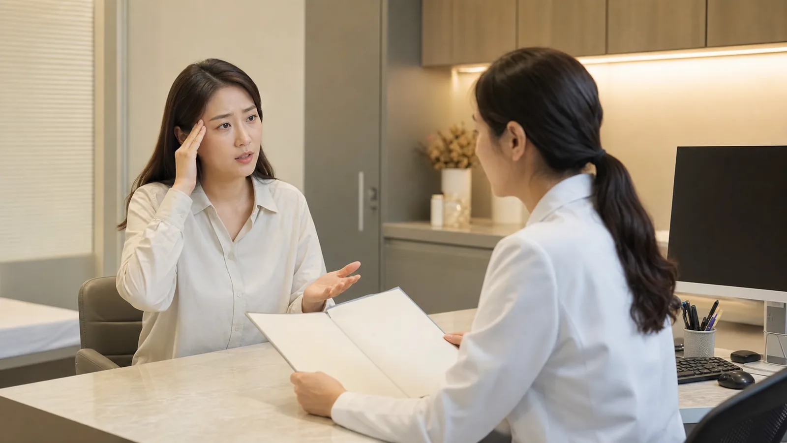 빈혈 환자가 어지러움과 피로를 밝은 진료실에서 상담하고 혈액검사 기록을 함께 확인하는 장면