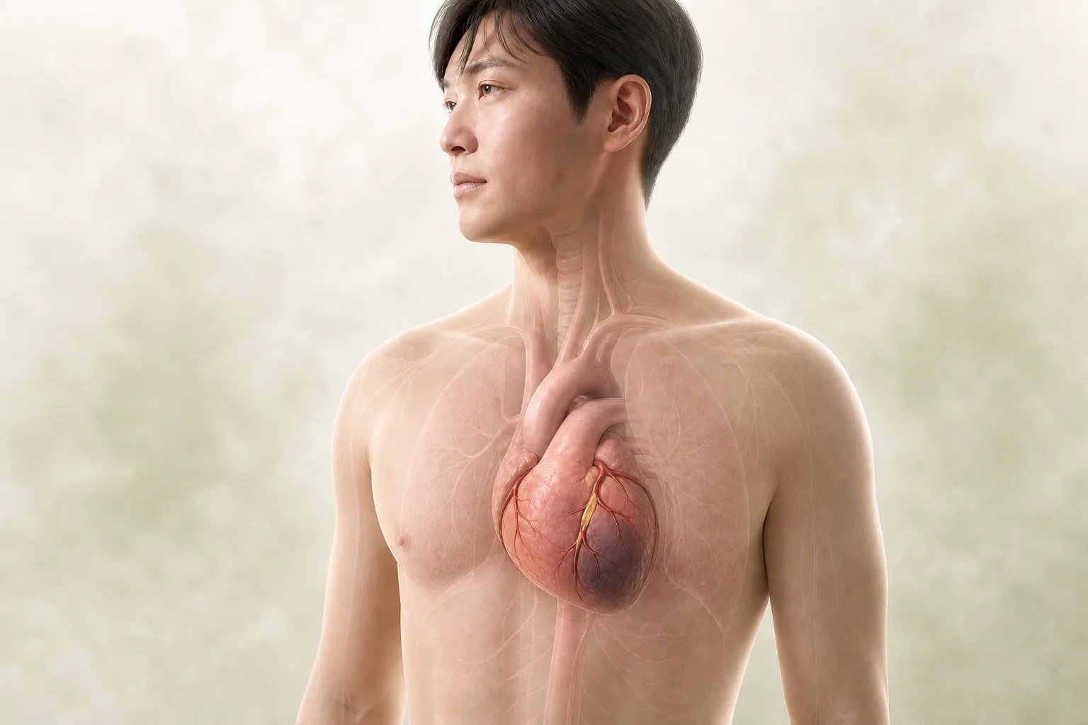 한 사람의 심장에서 관상동맥 한 구간이 좁아져 심장근육의 산소 공급이 줄어드는 협심증 기전