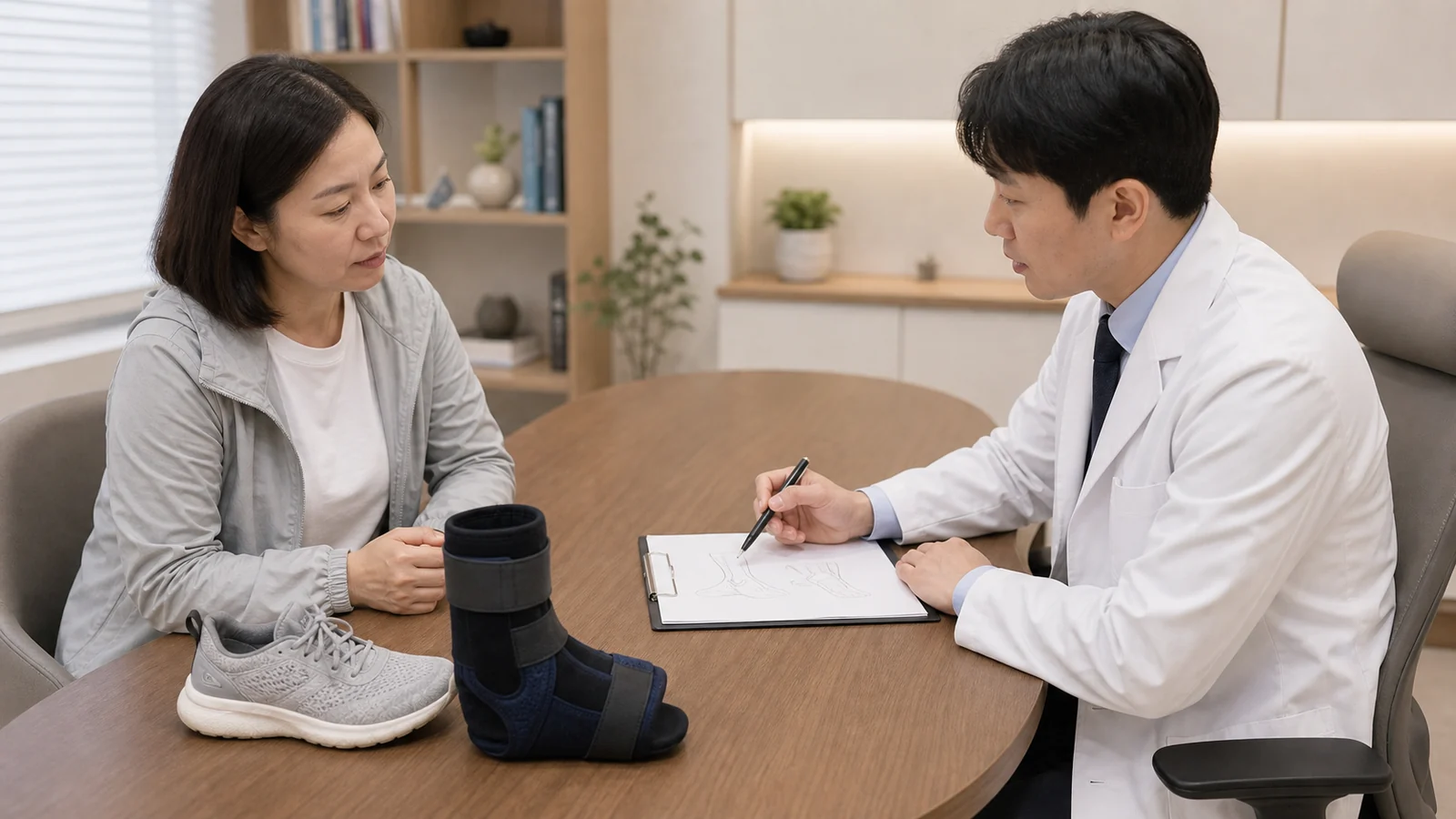 한국인 환자가 국내 한의원 상담실에서 발목 보조기와 운동화를 놓고 발목충돌증후군을 상담하는 장면