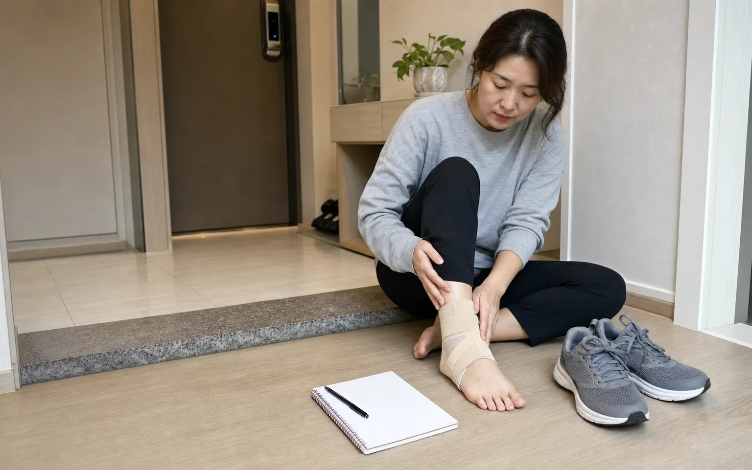 한국인 발목염좌 환자가 집 현관에서 발목 보호대와 빈 노트를 두고 보행 불편을 기록하는 장면