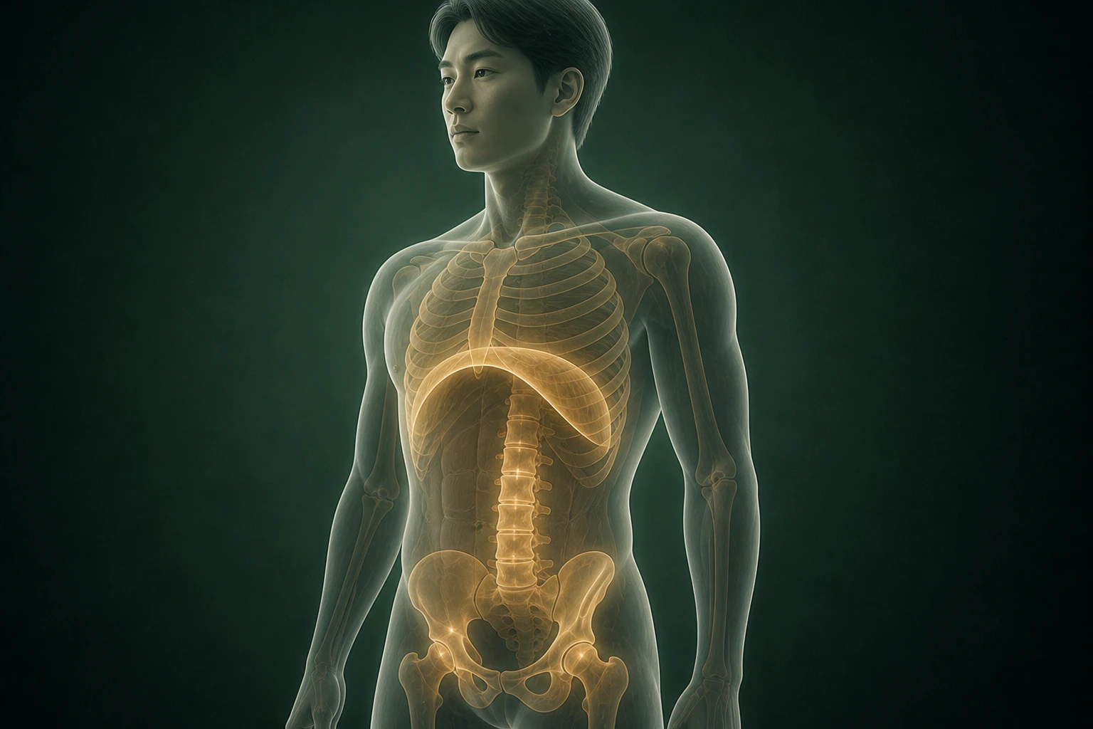 반투명한 인체 안의 횡격막·갈비뼈·척추·골반을 금빛으로 보여 주는 구조의 흐름