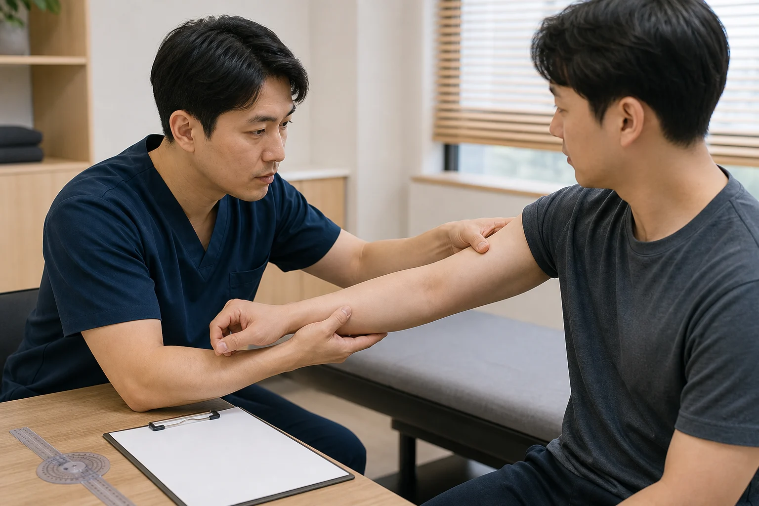 한국인 의료진이 팔 근막통증 환자의 위팔과 전완 압통점 및 가동 범위를 확인하는 국내 진료실 장면