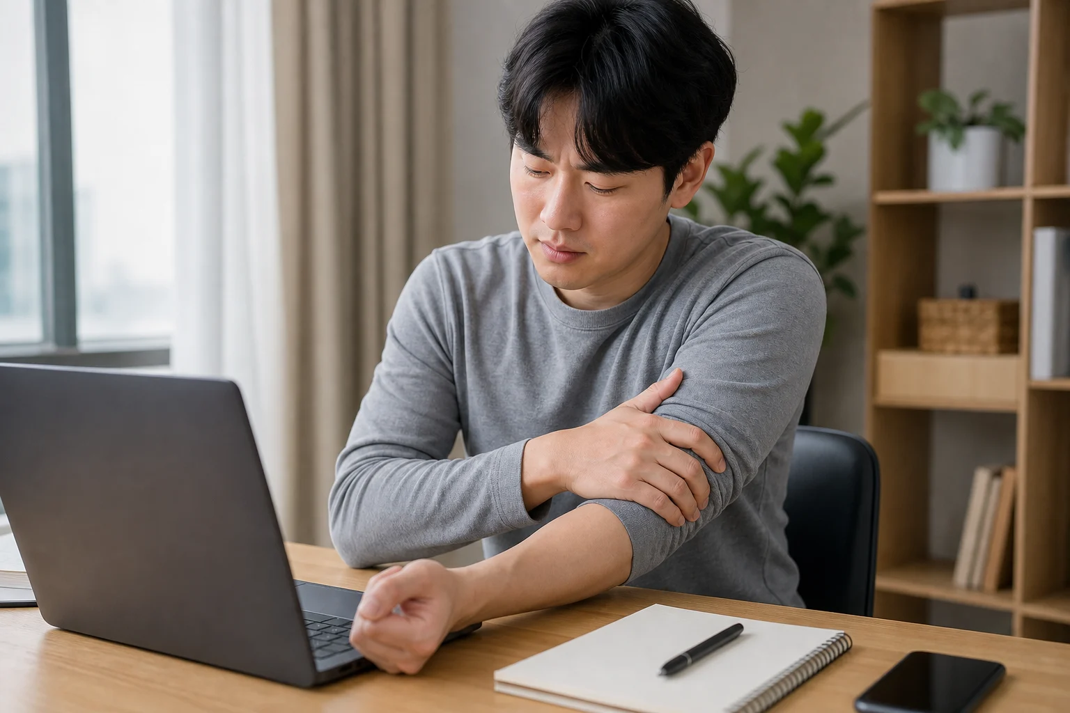한국인 환자가 업무 중 팔 근막통증으로 위팔을 잡고 증상 시간을 기록하는 생활 장면