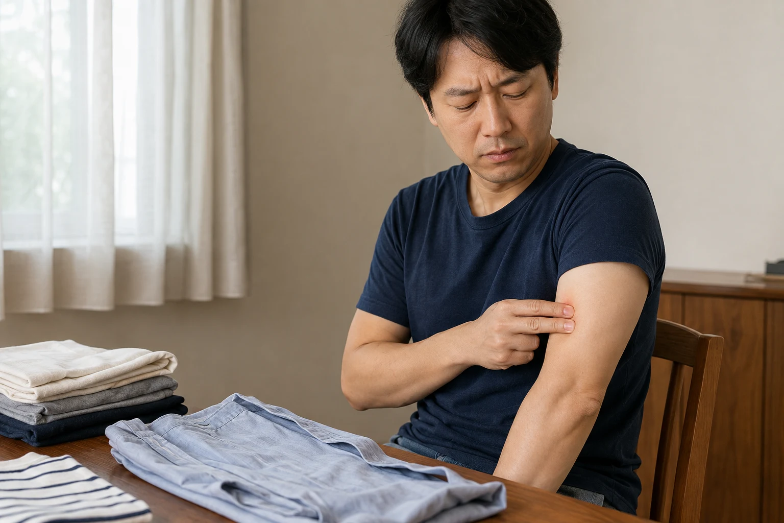 빨래를 개다 위팔 근육이 뻐근해 압통 부위를 누르고 집안일을 멈춘 성인