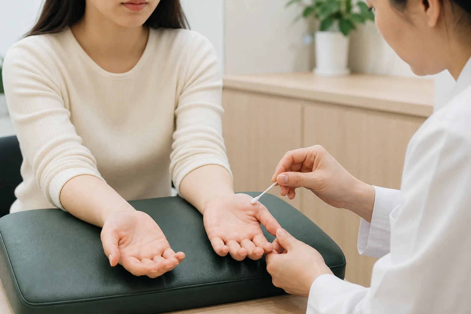 한국인 의료진이 팔저림 환자의 양손 손끝 감각을 좌우로 비교해 확인하는 장면
