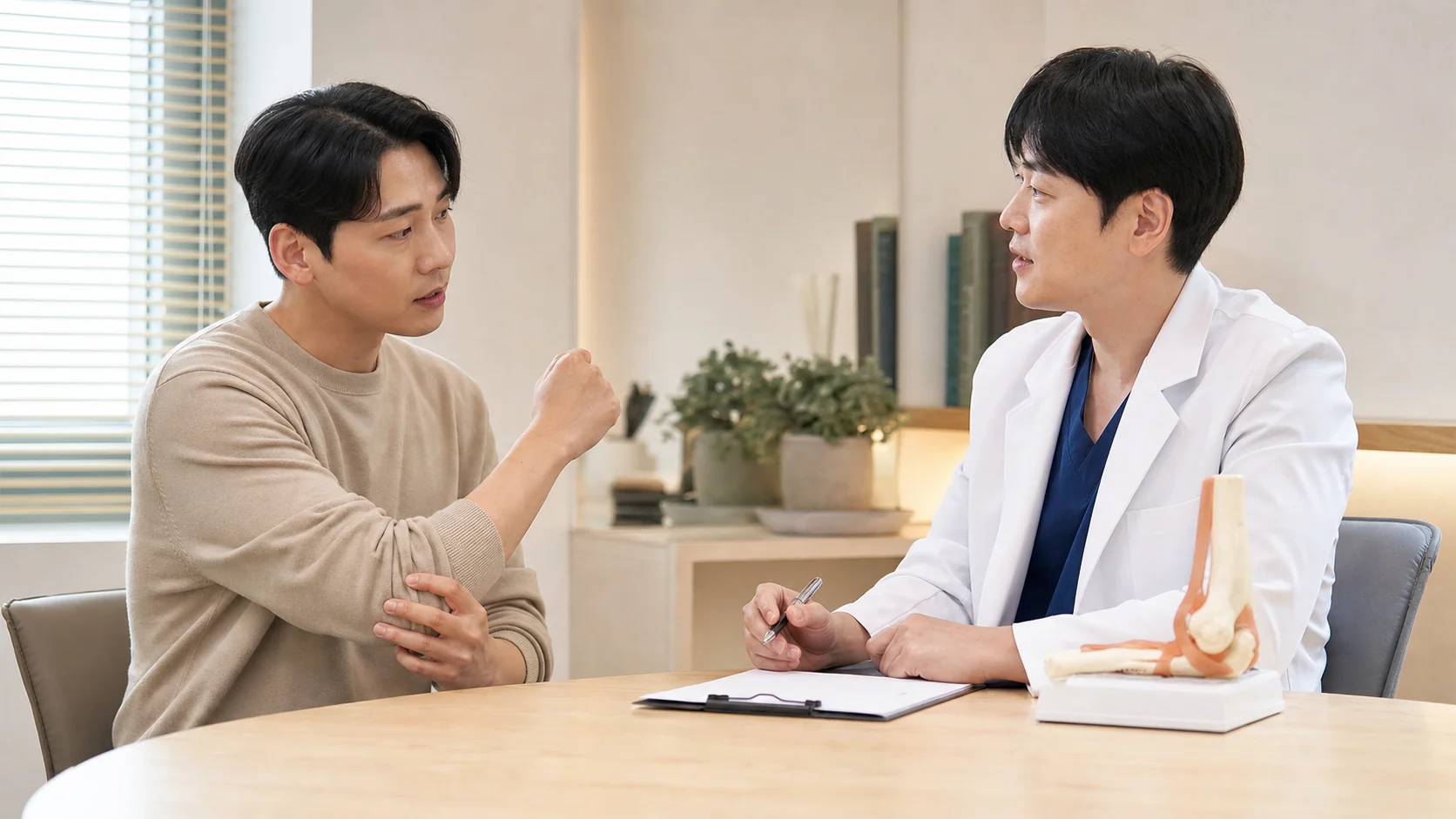 팔저림 환자가 국내 한의원 진료실에서 팔과 손끝 저림을 상담하는 장면