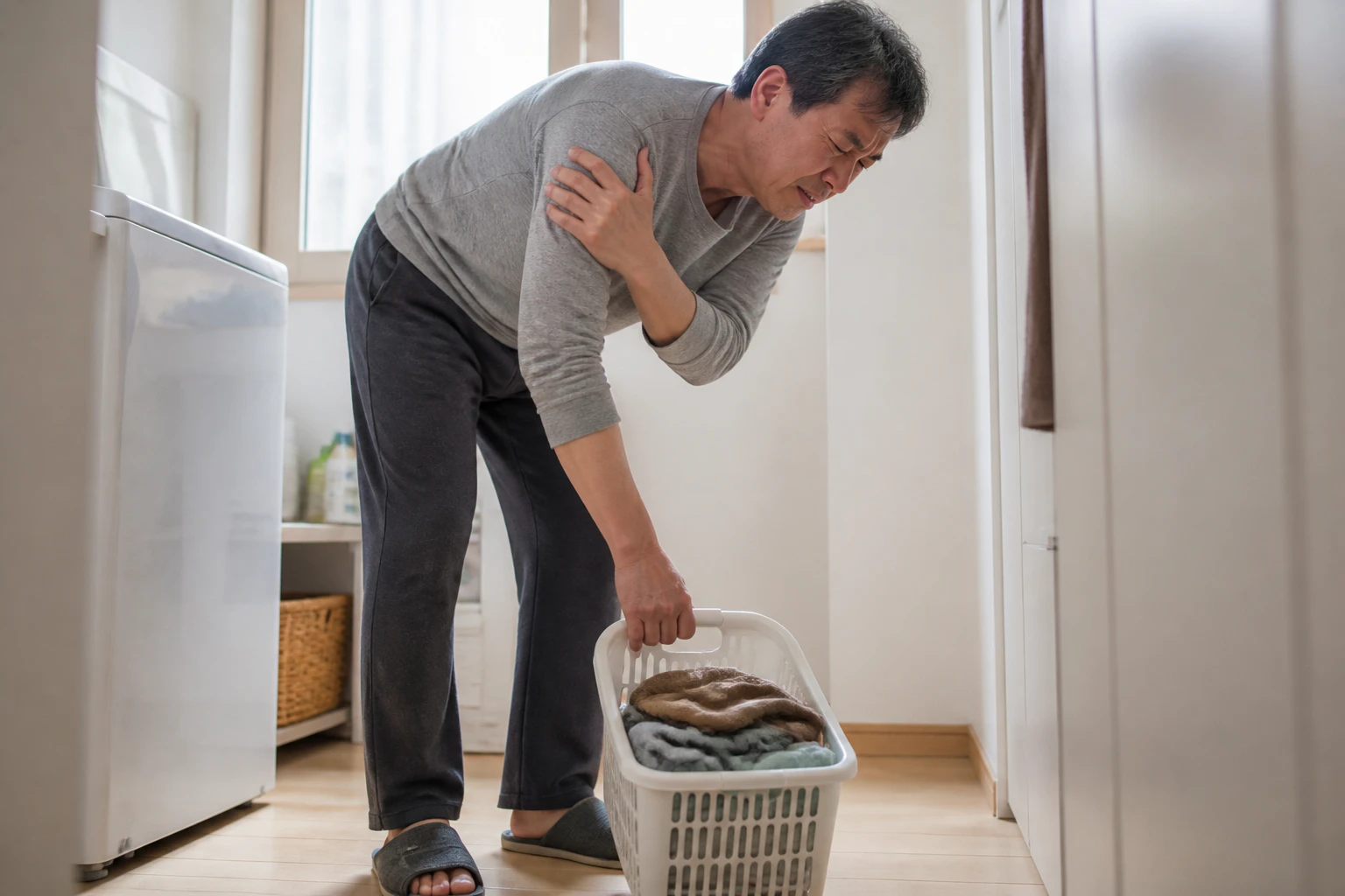 팔 통증 때문에 바닥의 빨래 바구니를 들어 올리다 동작을 멈춘 한국인 남성 한 명의 장면
