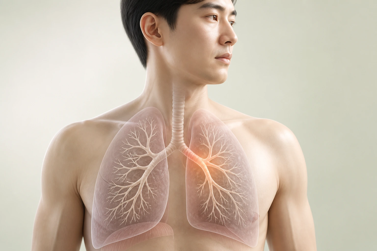 반투명 상반신에서 기도 점막 부종과 평활근 긴장으로 좁아진 기관지를 부드럽게 보여 주는 의료 렌더