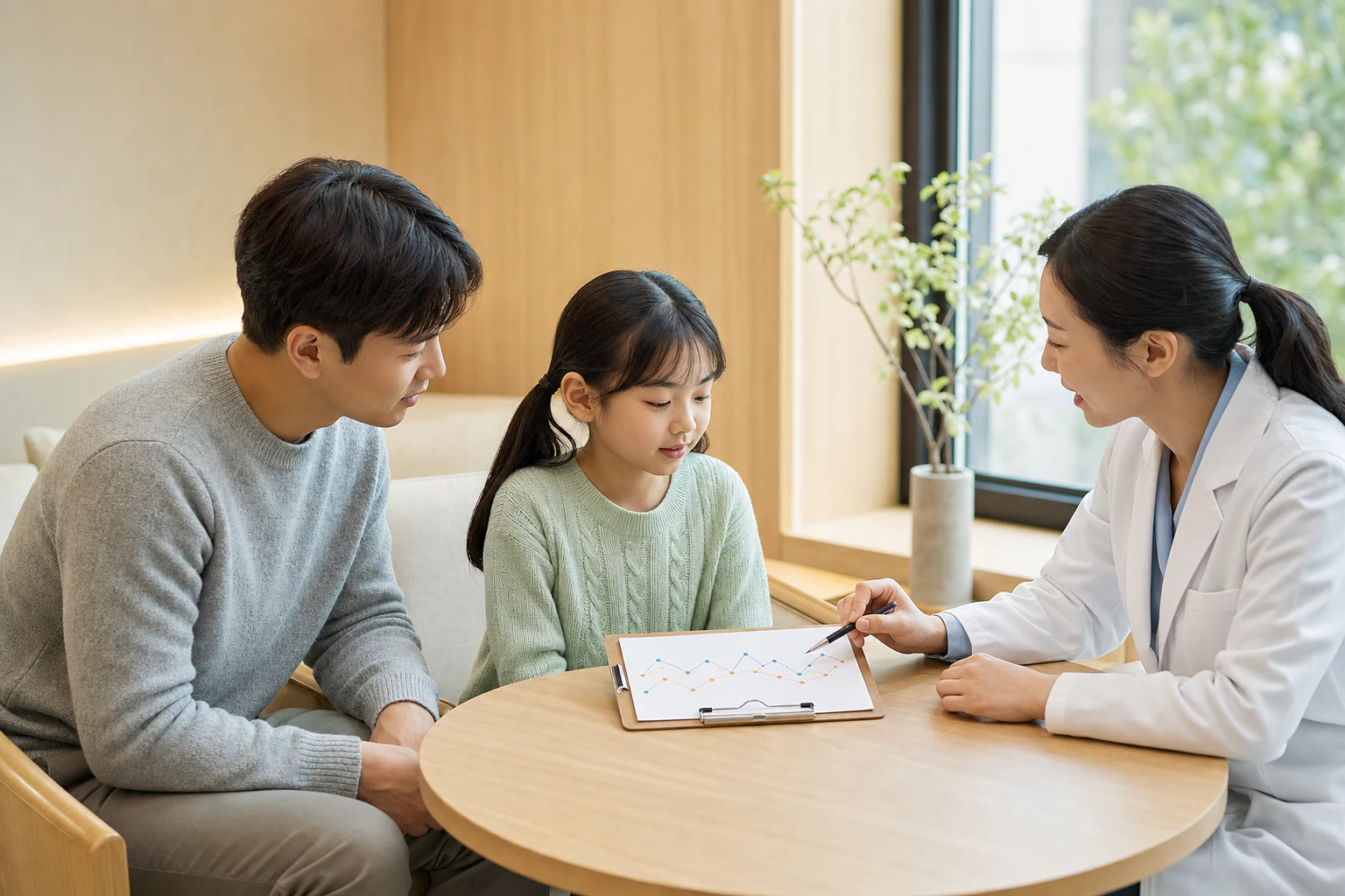 한국인 아이와 보호자가 야간 기침과 호흡 기록 그래프를 의료진과 함께 확인하는 소아 천식 상담 장면