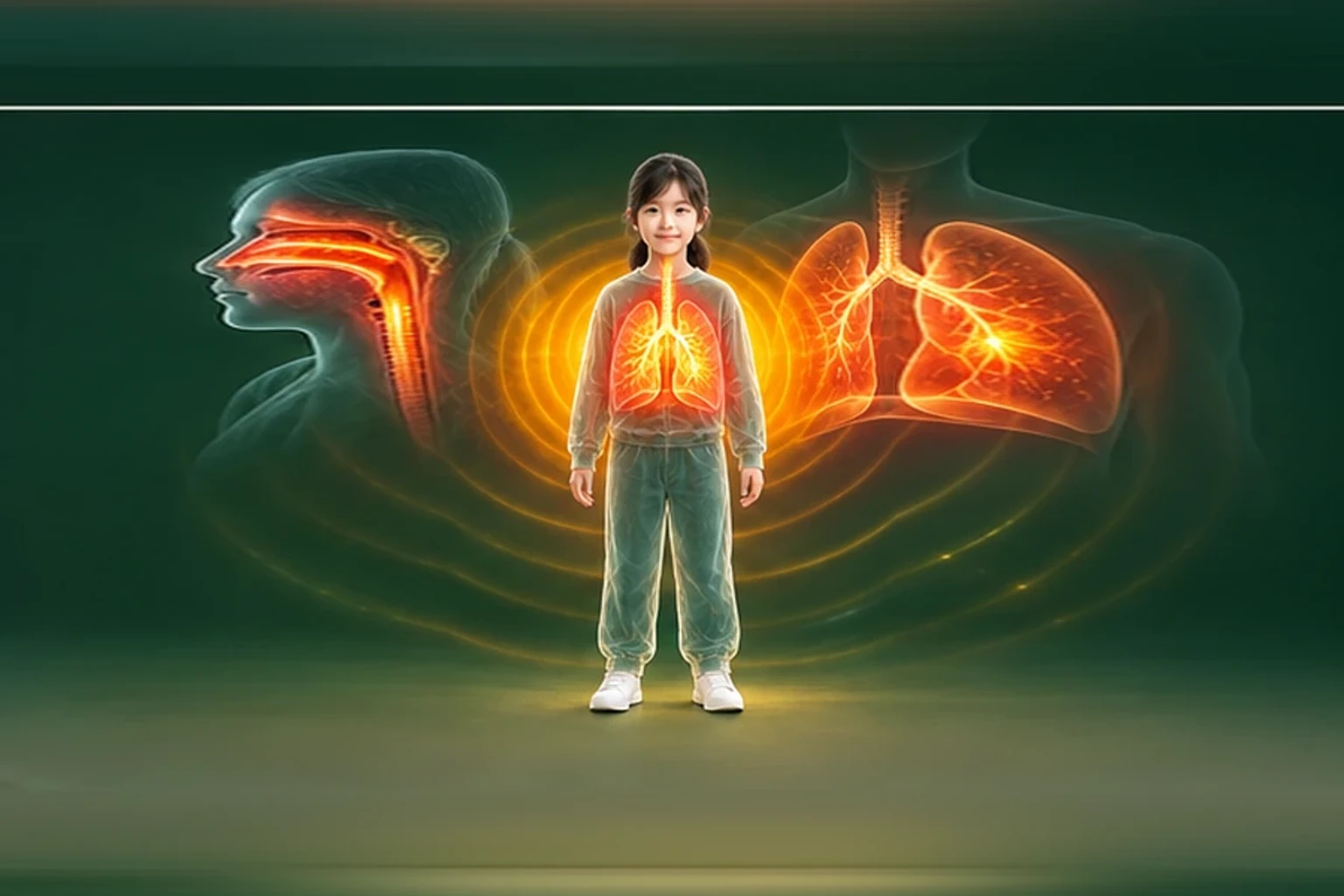 소아천식 아이의 머리부터 발끝까지 온전한 인체 형태에서 열의 흐름을 선명한 황금빛으로 보여 주는 담적병 골든셋 교육 이미지