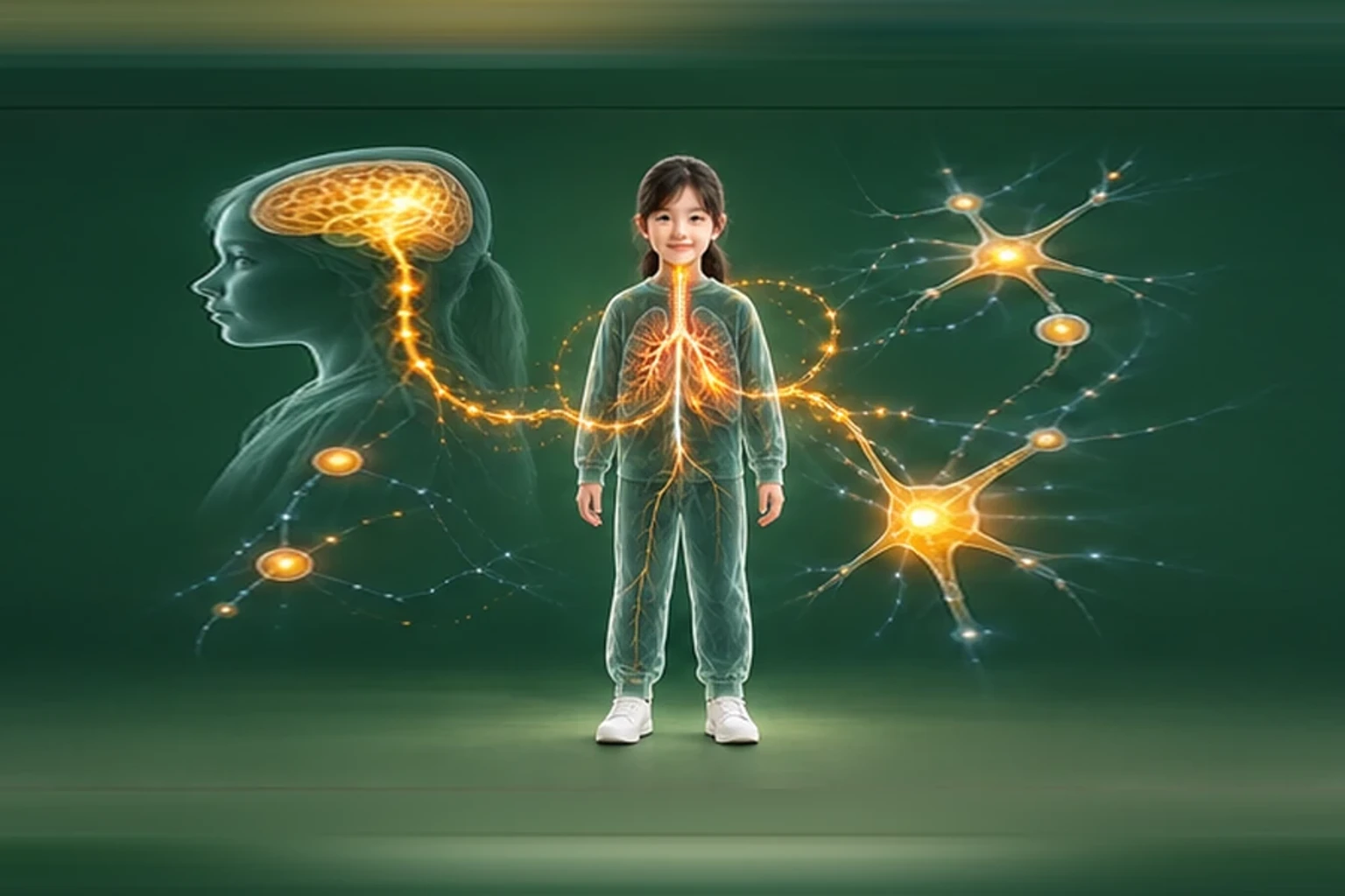 소아천식 아이의 머리부터 발끝까지 온전한 인체 형태에서 신호의 흐름을 선명한 황금빛으로 보여 주는 담적병 골든셋 교육 이미지