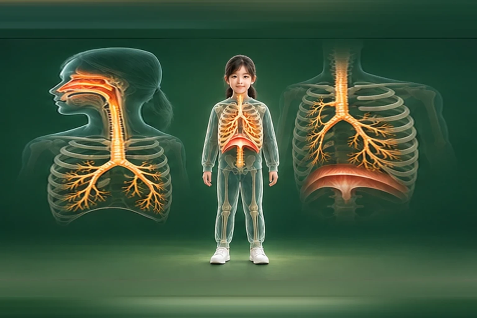 소아천식 아이의 머리부터 발끝까지 온전한 인체 형태에서 구조의 흐름을 선명한 황금빛으로 보여 주는 담적병 골든셋 교육 이미지