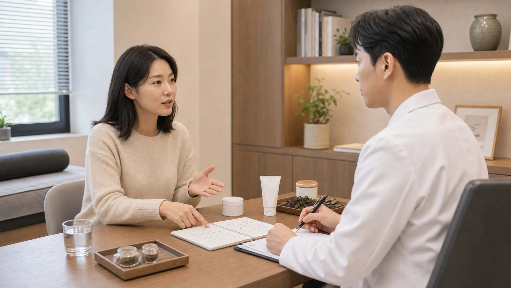 한국인 환자가 국내 한의원 진료실에서 아토피 가려움과 수면 방해를 상담하는 장면
